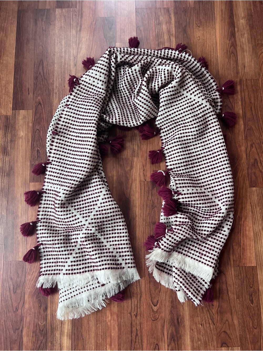 Madewell Wool Blend Oversized Blanket Burgundy & Ivory Tassel Fringe Scarf